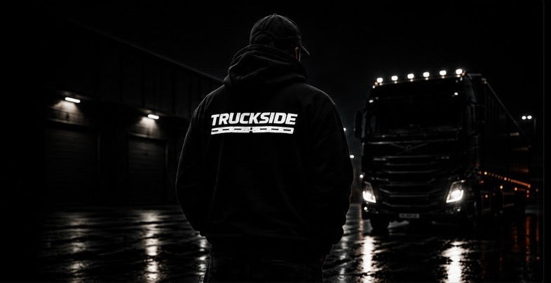 Camionista Truckside davanti a un camion nero